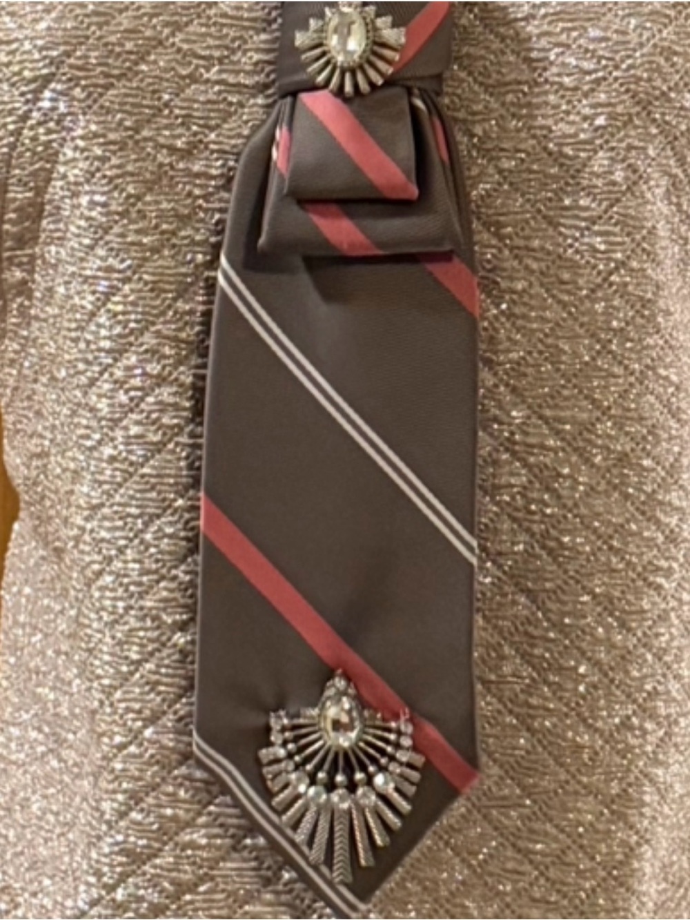 Re-Styled Vintage Silk Blend Necktie Necklace,Rhinestone Jewelry,Removable Chain - Picture 4 of 4
